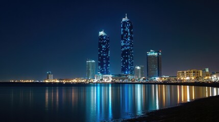 Obraz premium Night view of the Four Seasons and Hilton Hotels in Manama, Bahrain, with their illuminated towers standing tall against the night sky.