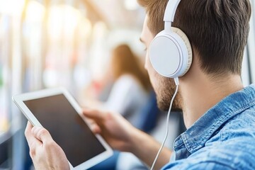Man Listening to Music on Headphones While Using a Tablet