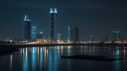 Naklejka premium Night view of the Four Seasons and Hilton Hotels in Manama, Bahrain, their illuminated towers adding to the city stunning skyline.