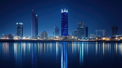 Fototapeta premium Night view of the Four Seasons and Hilton Hotels in Manama, Bahrain, their illuminated towers adding to the city stunning skyline.