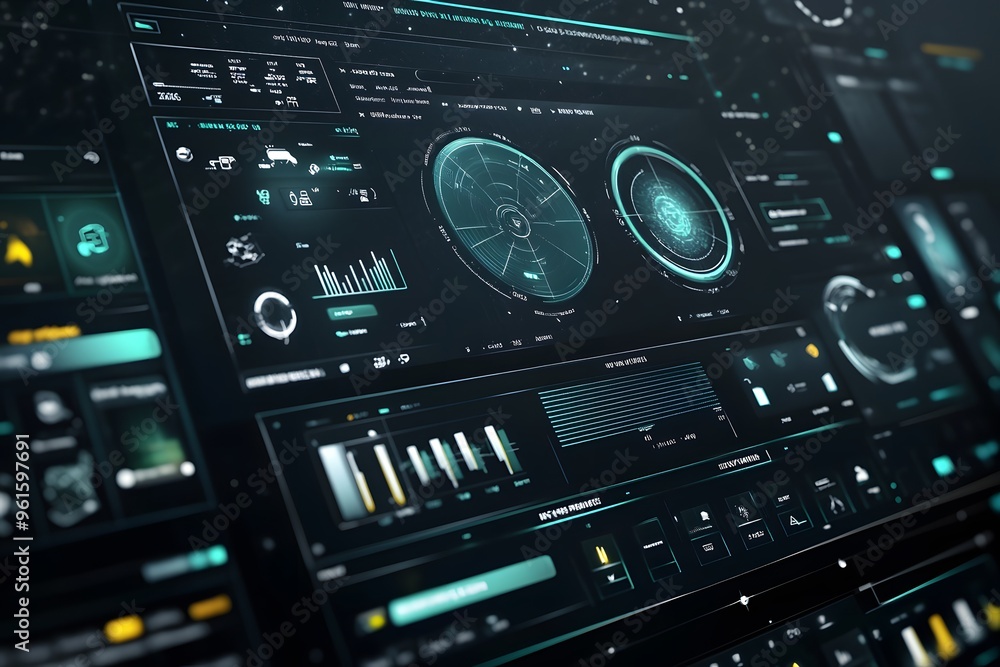 Poster futuristic digital interface with data displays and charts
