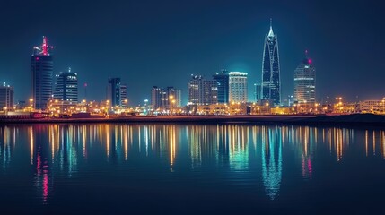 Obraz premium Nighttime cityscape of Manama, Bahrain, with sparkling lights reflecting off Bahrain Bay, showcasing the modern skyline.