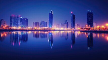 Fototapeta premium Nighttime cityscape of Manama, Bahrain, with the glowing Four Seasons and Hilton Hotels, their reflections visible in the bay.