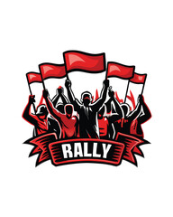 Editable stroke vector illustration of a rally with people holding flags and a banner that says "Rally".