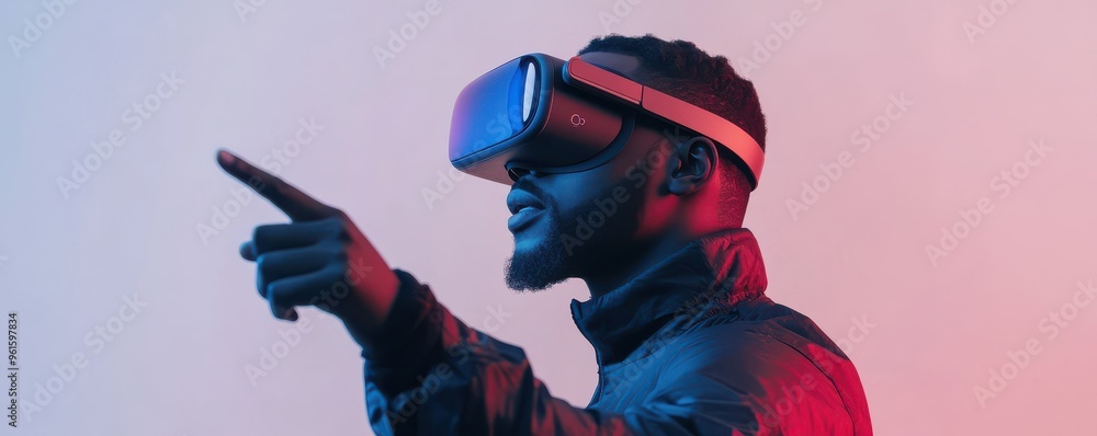 Poster man experiencing virtual reality with futuristic vr headset, pointing and interacting with immersive