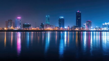Fototapeta premium Nighttime panorama of Manama, Bahrain, highlighting the glowing Four Seasons and Hilton Hotels in the city's vibrant skyline