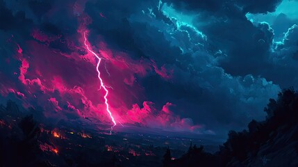 Nighttime storm with a bright lightning bolt connecting the clouds to the ground, lighting up the landscape with its electric power.