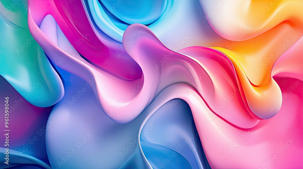 Poster organic 3d fluid shapes in a spectrum of colors, blending together in a smooth, flowing design that 