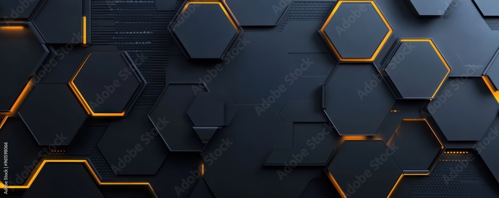 Poster black digital wallpaper with hexagonal patterns and vibrant yellow lines creating a futuristic and h
