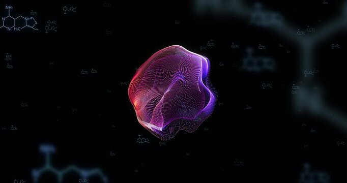 Abstract animation of glowing, morphing shape over molecular structures on black background
