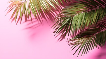Blurred shadow from palm leaves on the light pink wall. Minimal abstract background for product presentation. Spring and summer, Generative AI