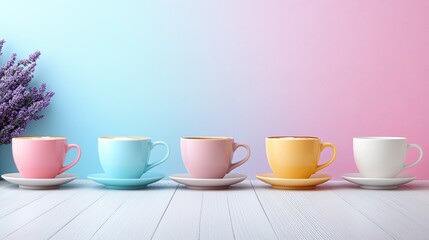 4. Complete view of different coffee cups, including latte, cappuccino, and espresso, arranged on a light grey wooden floor with a gradient pastel and soft blue background, highlighted by a lavender