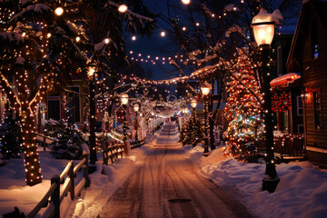 horizontal image of a small town road decorated with christmas lights creating a beautiful atmosphere