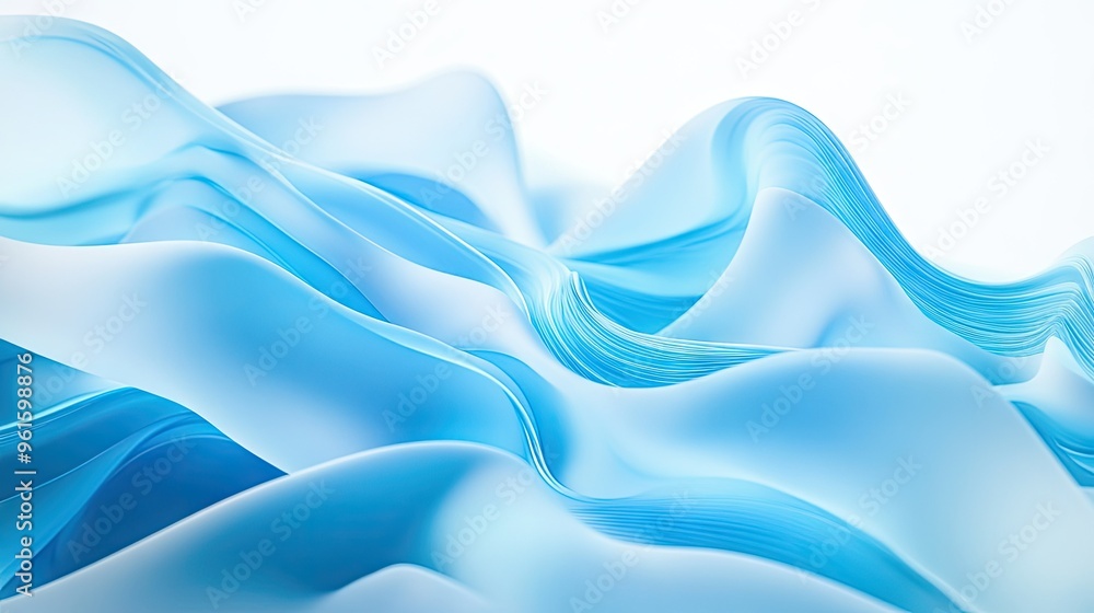 Poster soft 3d blue waves overlapping each other on a white background, creating a serene and fluid visual 