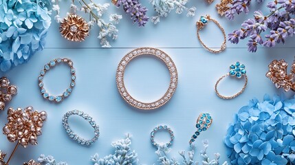 Fototapeta premium 2. Overhead shot of various jewelry items such as elegant rings, delicate necklaces, and shimmering bracelets arranged on a light grey wooden floor, complemented by a soft blue gradient pastel