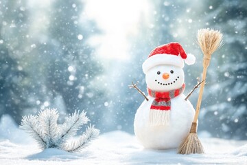 Fototapeta premium A whimsical snow-covered landscape with a cheerful snowman dressed
