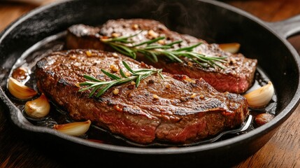 Sizzling steak in a hot cast-iron skillet, with garlic and rosemary, creating a mouth-watering aroma