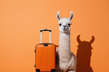 Obraz premium Cheerful Llama with Suitcase on Vibrant Orange Background for Travel and Adventure Inspiration