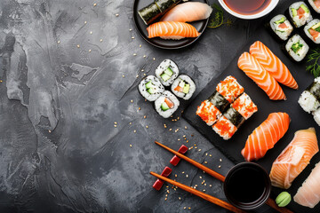 close up horizontal image of a sushi selection on a stone table, view from above, copy space