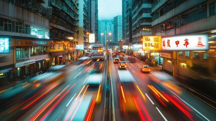 Obraz premium Speeding cars and blurred lights in the heart of Hong Kong, with prominent Chinese road markings adding to the urban texture.