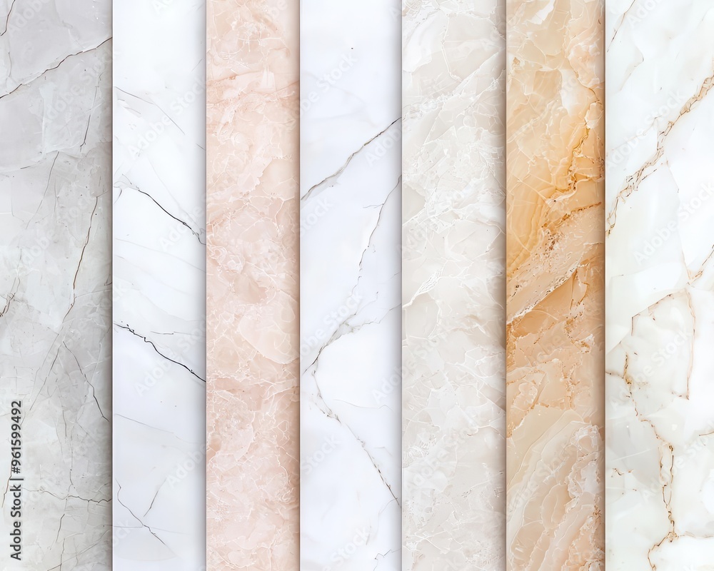 Poster marble tiles arranged in various tones against white, creating a luxurious and smooth surface with m