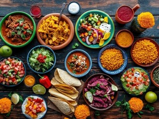 Fototapeta premium Family gathered around a table filled with Day of the Dead dishes like tamales and pan de muerto, marigold flowers nearby, Day of the Dead, Cultural meal