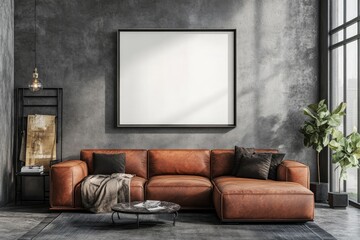 Industrial Style Living Room with Brown Leather Sofas and Blank Frame Mockup