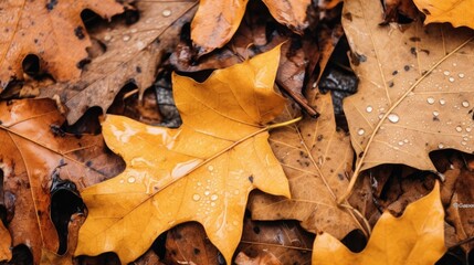 A close-up of autumn leaves with water droplets. The leaves are a beautiful mix of brown, orange, and yellow.