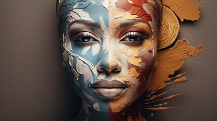 A close-up portrait of a woman with a colorful face. The woman's face is painted with a variety of colors, including blue, gold, and red.