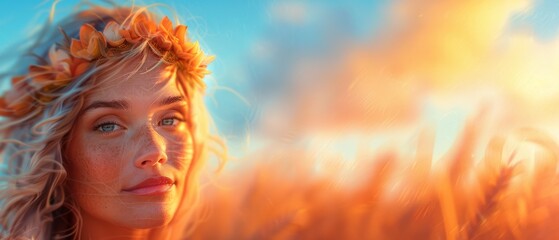 Woman in wheel-crowned flowers, amidst field's wheat expanse