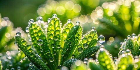 Close-up shot of a green plant covered in dewdrops with a blurred background