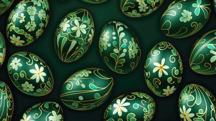 A collection of intricately decorated Easter eggs in shades of green and gold.