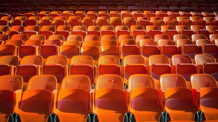 Obraz premium empty seats in orange tribune at sport stadium, outdoor arena with symmetrical seating design, modern venue for audience and fans in cultural environment