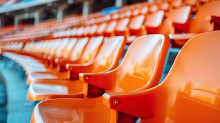 sport stadium with empty orange seats, outdoor arena tribune designed for fans and audience, cultural environment concept with modern architecture and symmetry