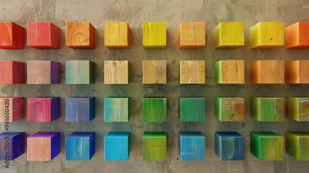 Aufkleber a series of wooden cubes on a wall, each cube a different shade of rainbow color, arranged to create