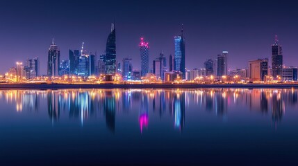 Fototapeta premium The modern skyline of Manama at night, with Bahrain Bay in the foreground reflecting the illuminated buildings.