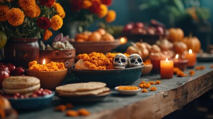 Fototapeta premium Elaborate ofrenda with colorful sugar skulls, pan de muerto, tamales, and marigolds, candles illuminating the offerings, Day of the Dead, Food celebration