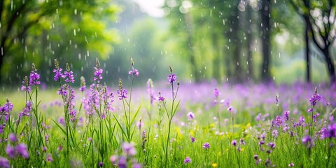 Naklejka premium Field of grass with purple flowers and raindrops, framed by trees in the background