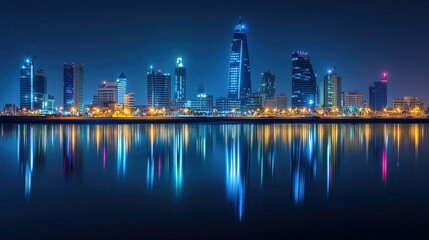Obraz premium The modern skyline of Manama at night, with Bahrain Bay in the foreground reflecting the illuminated buildings.