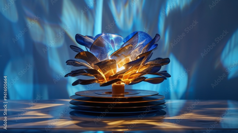 Poster unique blue and gold lamp with an intricate, artistic design that creates dynamic light patterns on 