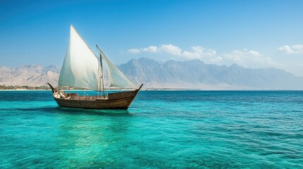 Fototapeta premium Traditional dhow sailing on clear blue waters, with mountains in the background, a timeless image of Arabic seafaring.