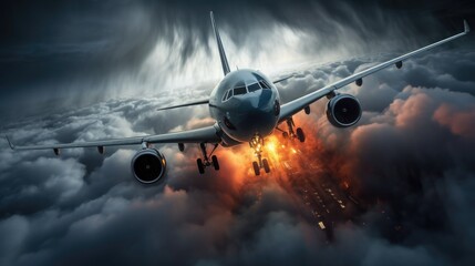 A commercial airplane soars through a dramatic sky, leaving a trail of light and smoke as it breaks through the clouds.