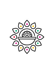 Editable stroke vector of a rangoli design made with colorful dots in a circle.