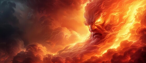  A demonic face, tightly framed, emerges from an orange-red smoke cloud against a backdrop of ominous, darkened skies