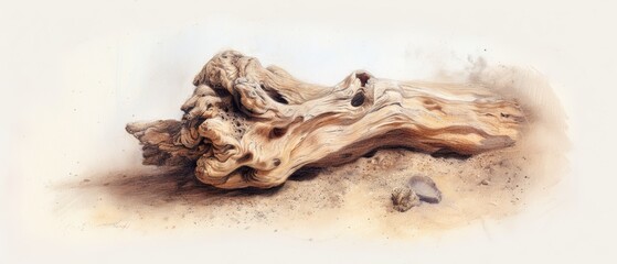  A wooden piece atop a mound of soil, adjacent to a rock heap on the ground