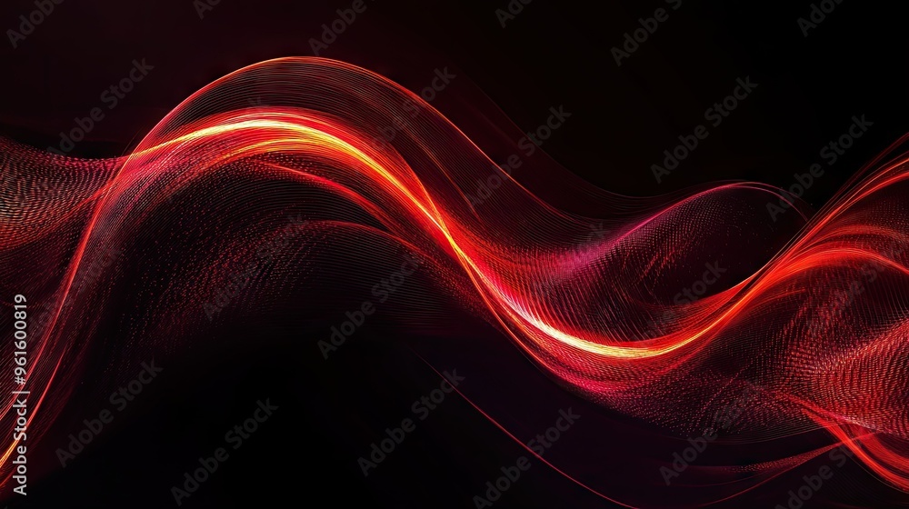Poster vector abstract design featuring vibrant red light curves in swift motion against a black backdrop. 