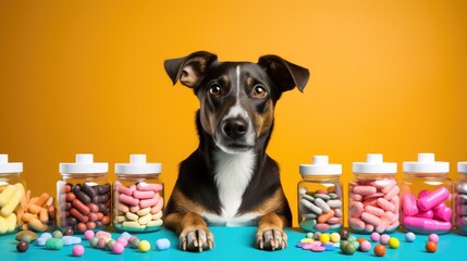 A cute dog with big brown eyes sits on a blue surface with jars of colorful pills. The dog is...