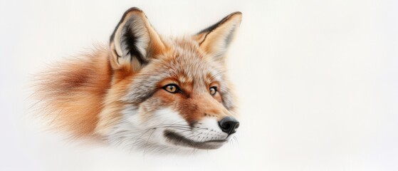Fototapeta premium A red fox's face, tightly framed against a pristine white backdrop Its features softened by a gentle blur
