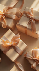Aesthetic gifts boxes with ribbons, beige brown background, pastel soft colors, flat lay. Celebration. Generative AI