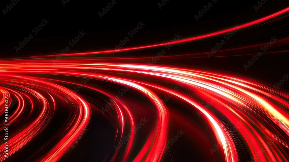 Poster vibrant red light trails curving rapidly on a black background, emphasizing speed and dynamic motion